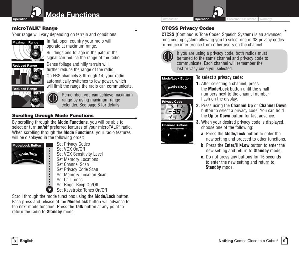 Mode functions | Cobra Electronics PR3800DXC User Manual | Page 8 / 16