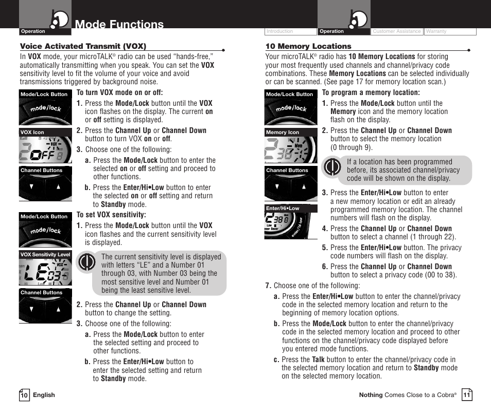 Mode functions | Cobra Electronics PR3800DXC User Manual | Page 9 / 16