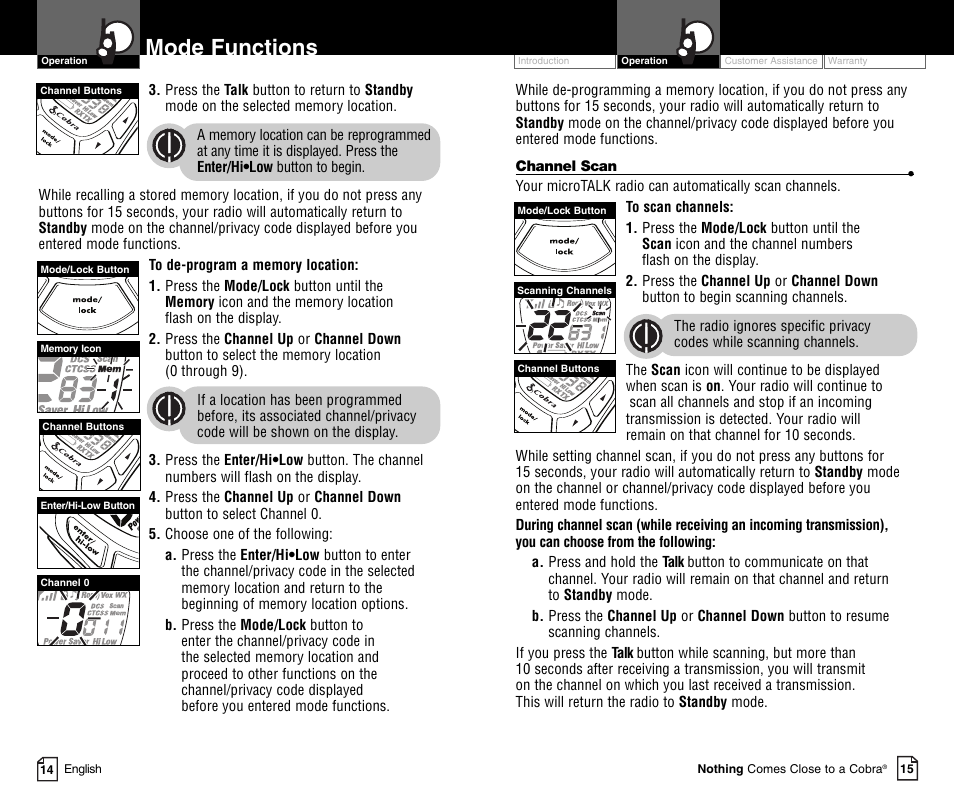 Mode functions | Cobra Electronics MICROTALK PR4800WXC User Manual | Page 10 / 16