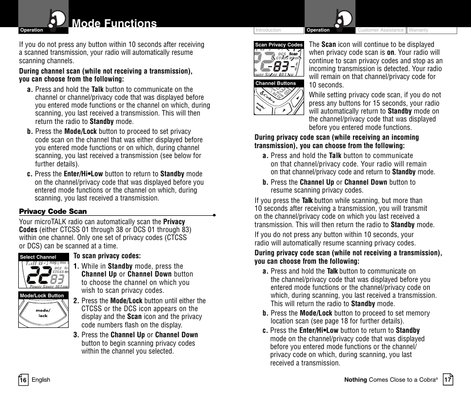 Mode functions | Cobra Electronics MICROTALK PR4800WXC User Manual | Page 11 / 16