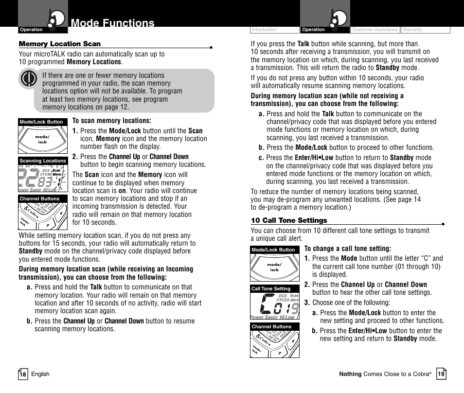 Mode functions | Cobra Electronics MICROTALK PR4800WXC User Manual | Page 12 / 16