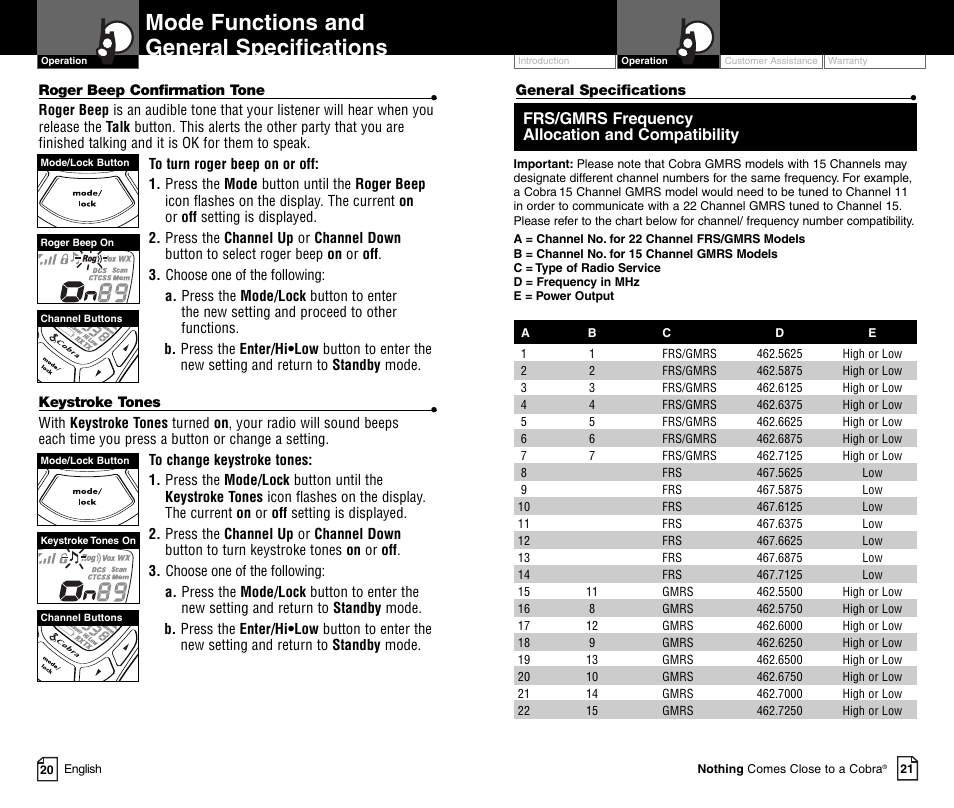 Mode functions and general specifications, Frs/gmrs frequency allocation and compatibility | Cobra Electronics MICROTALK PR4800WXC User Manual | Page 13 / 16