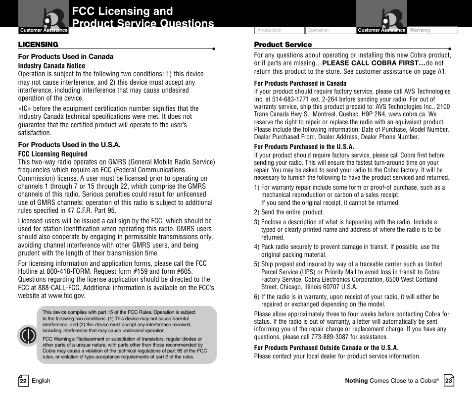 Fcc licensing and product service questions | Cobra Electronics MICROTALK PR4800WXC User Manual | Page 14 / 16