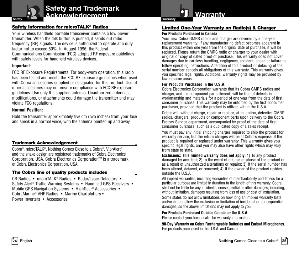 Safety and trademark acknowledgement, Warranty | Cobra Electronics MICROTALK PR4800WXC User Manual | Page 15 / 16