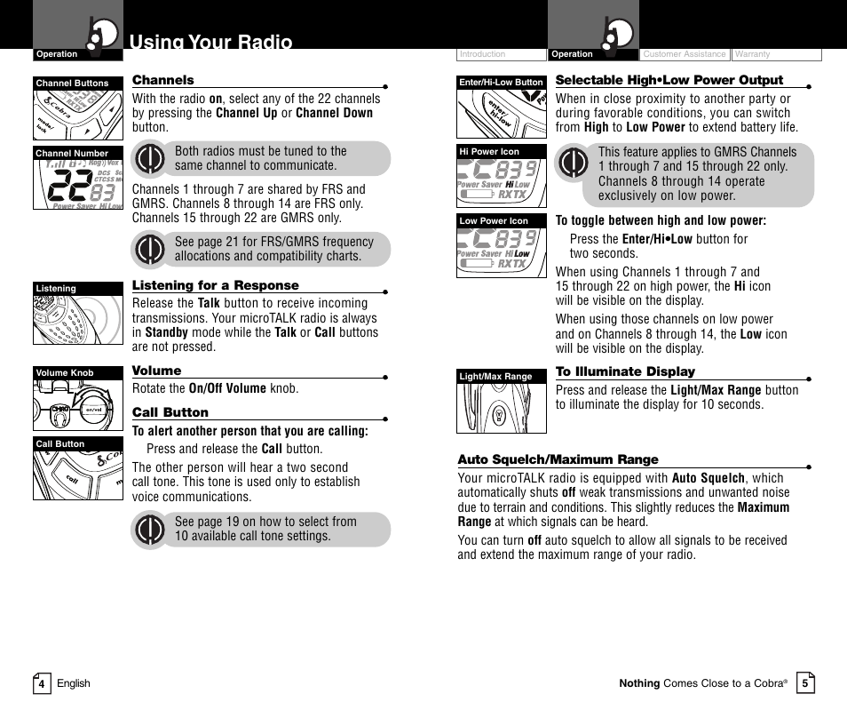 Using your radio | Cobra Electronics MICROTALK PR4800WXC User Manual | Page 5 / 16