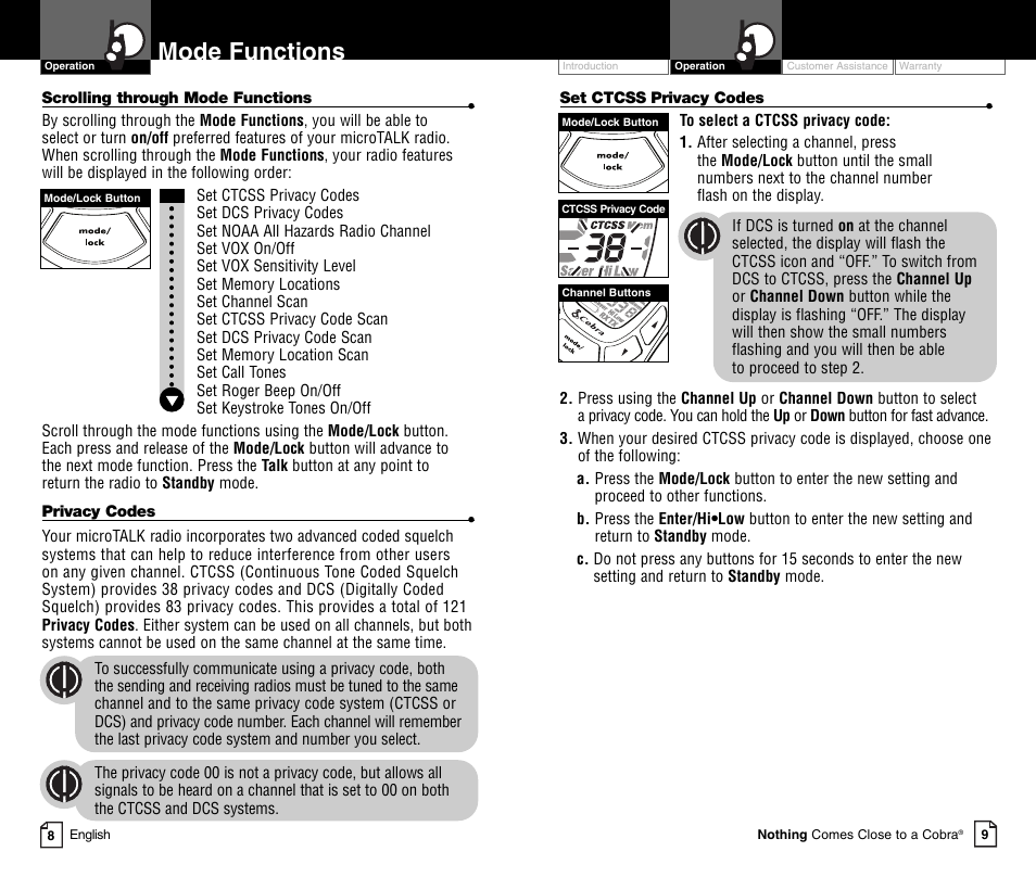 Mode functions | Cobra Electronics MICROTALK PR4800WXC User Manual | Page 7 / 16
