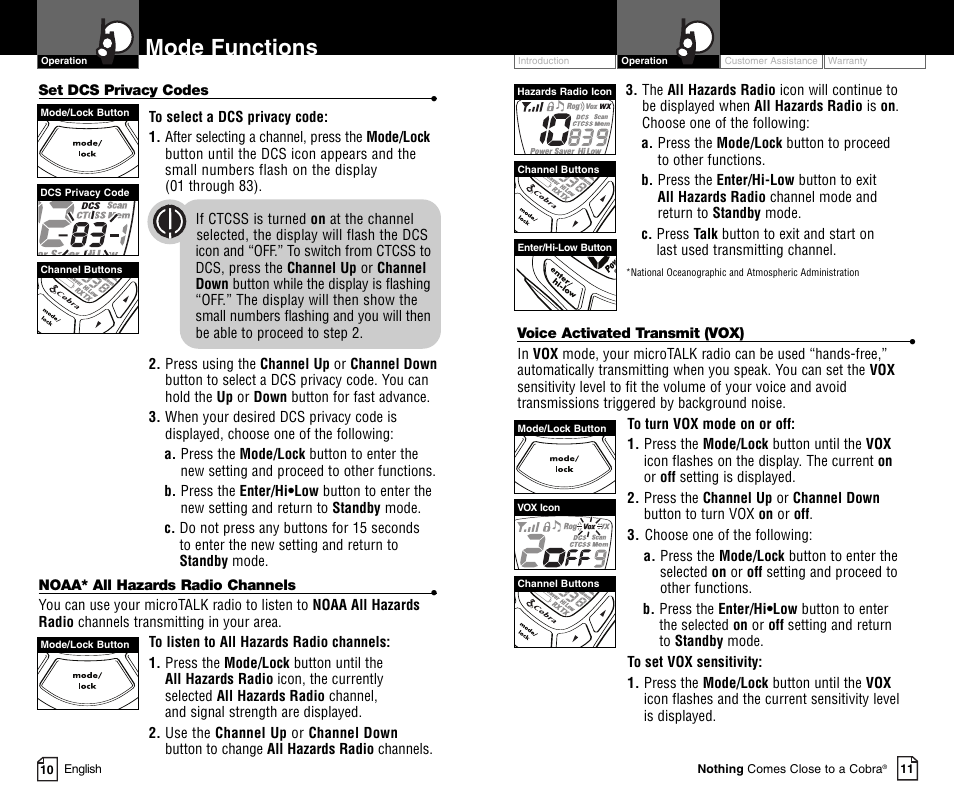 Mode functions | Cobra Electronics MICROTALK PR4800WXC User Manual | Page 8 / 16