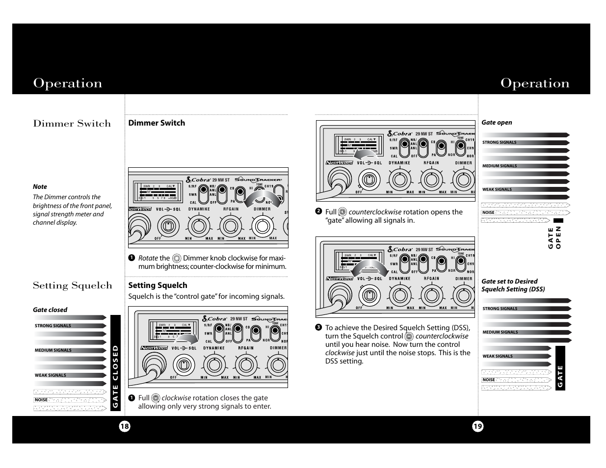 Operation, Dimmer switch, Setting squelch | Dimmer switch setting squelch | Cobra Electronics Cobra 29 NW ST User Manual | Page 10 / 21