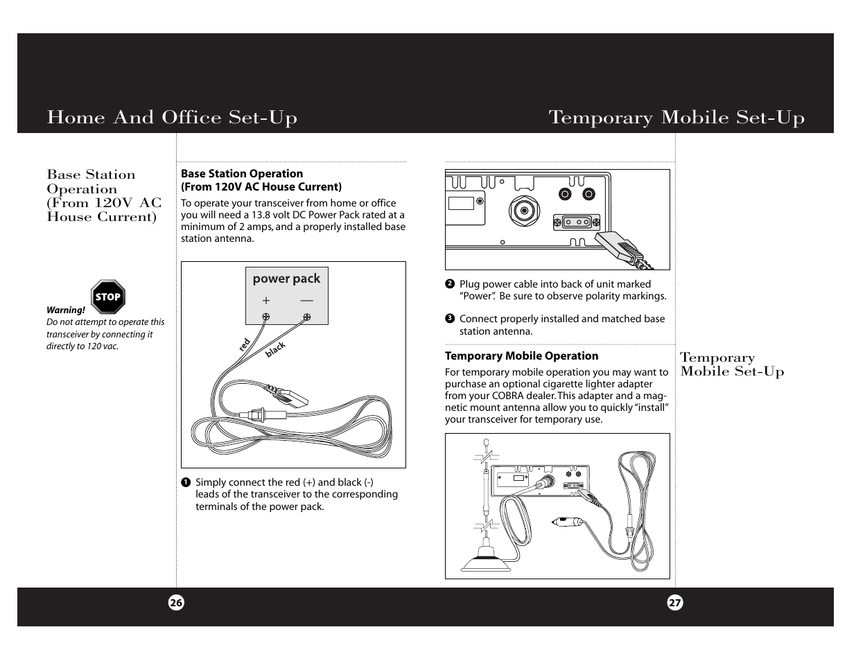 Temporary mobile set-up, Home and office set-up, Temporary mobile operation | Cobra Electronics Cobra 29 NW ST User Manual | Page 14 / 21