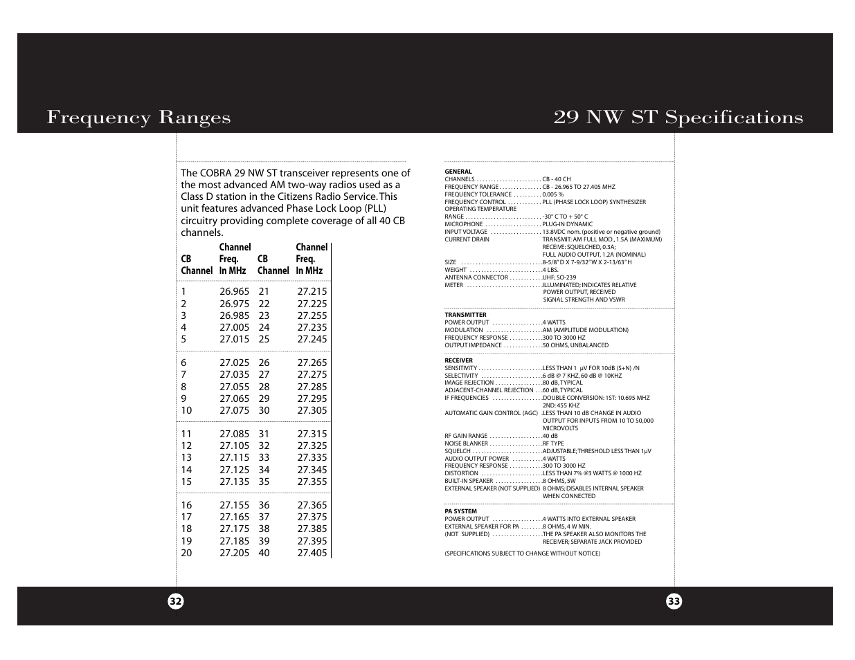 29 nw st specifications frequency ranges | Cobra Electronics Cobra 29 NW ST User Manual | Page 17 / 21