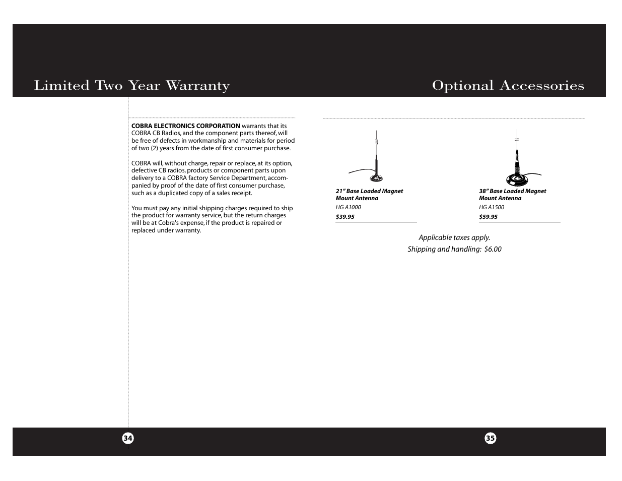 Limited two year warranty, Optional accessories | Cobra Electronics Cobra 29 NW ST User Manual | Page 18 / 21
