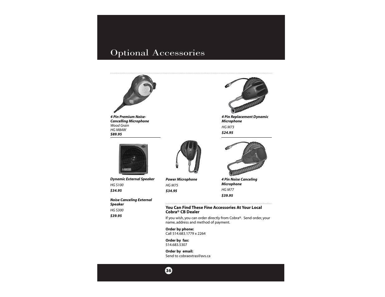 Optional accessories | Cobra Electronics Cobra 29 NW ST User Manual | Page 19 / 21