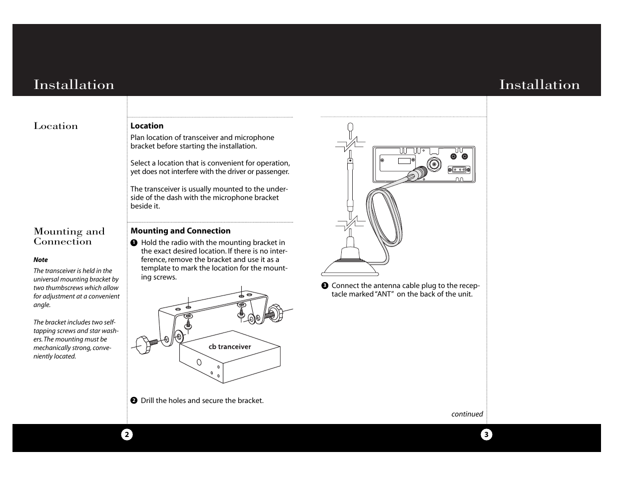 Installation, Location, Mounting and connection | Cobra Electronics Cobra 29 NW ST User Manual | Page 2 / 21