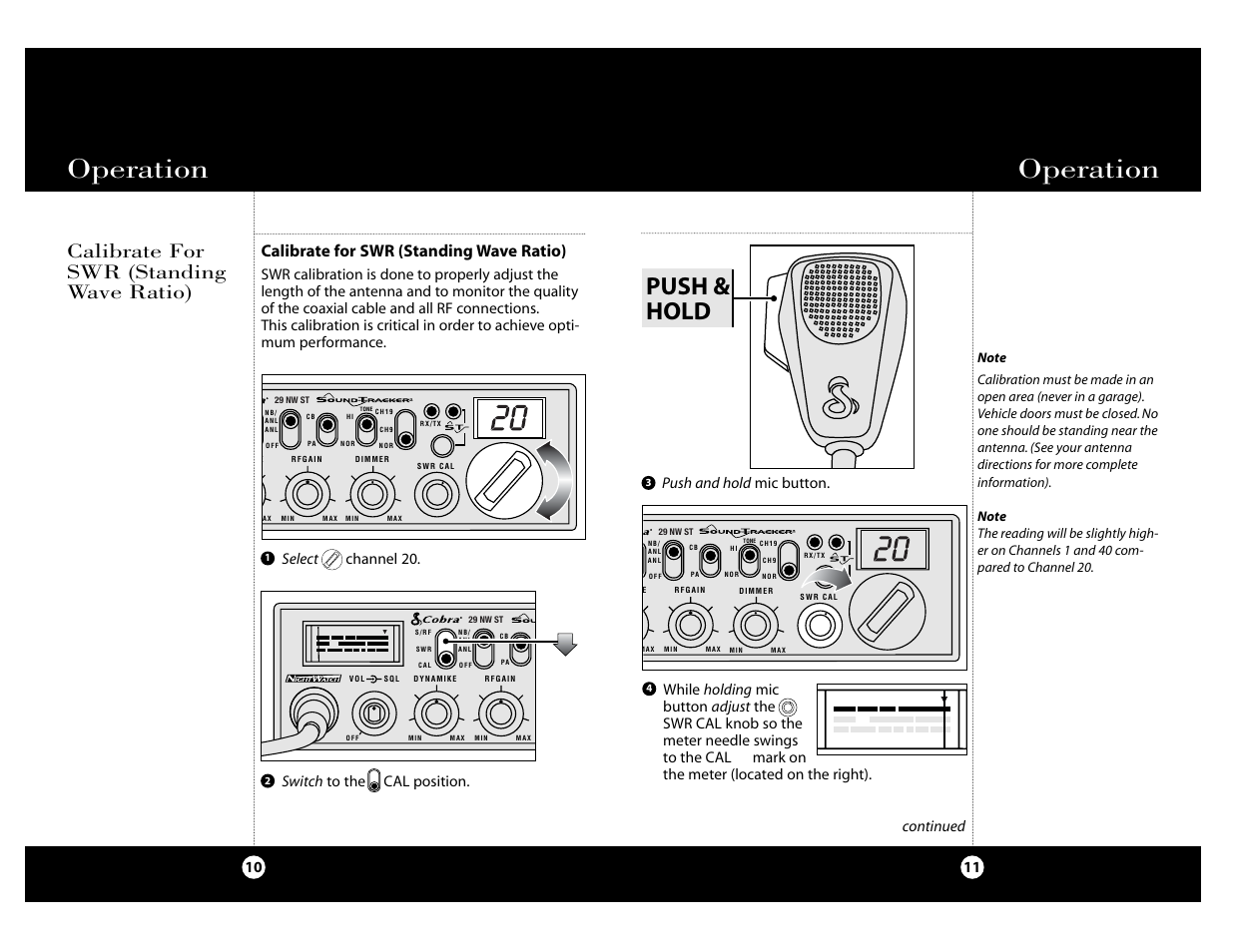 Operation, Push & hold, Calibrate for swr (standing wave ratio) | 11 10 continued, Select channel 20 | Cobra Electronics Cobra 29 NW ST User Manual | Page 6 / 21