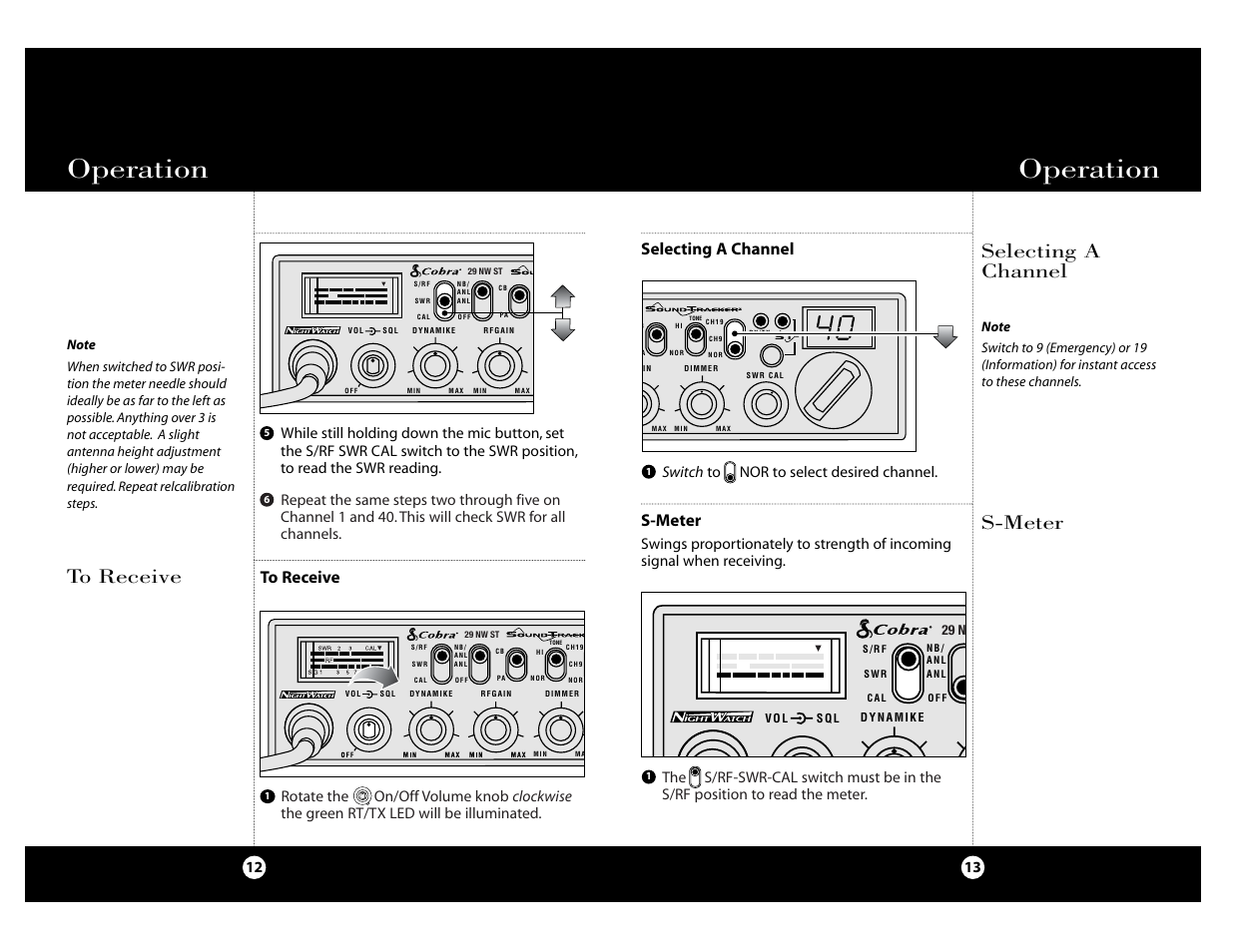 Operation, S-meter, Selecting a channel | Cobra Electronics Cobra 29 NW ST User Manual | Page 7 / 21