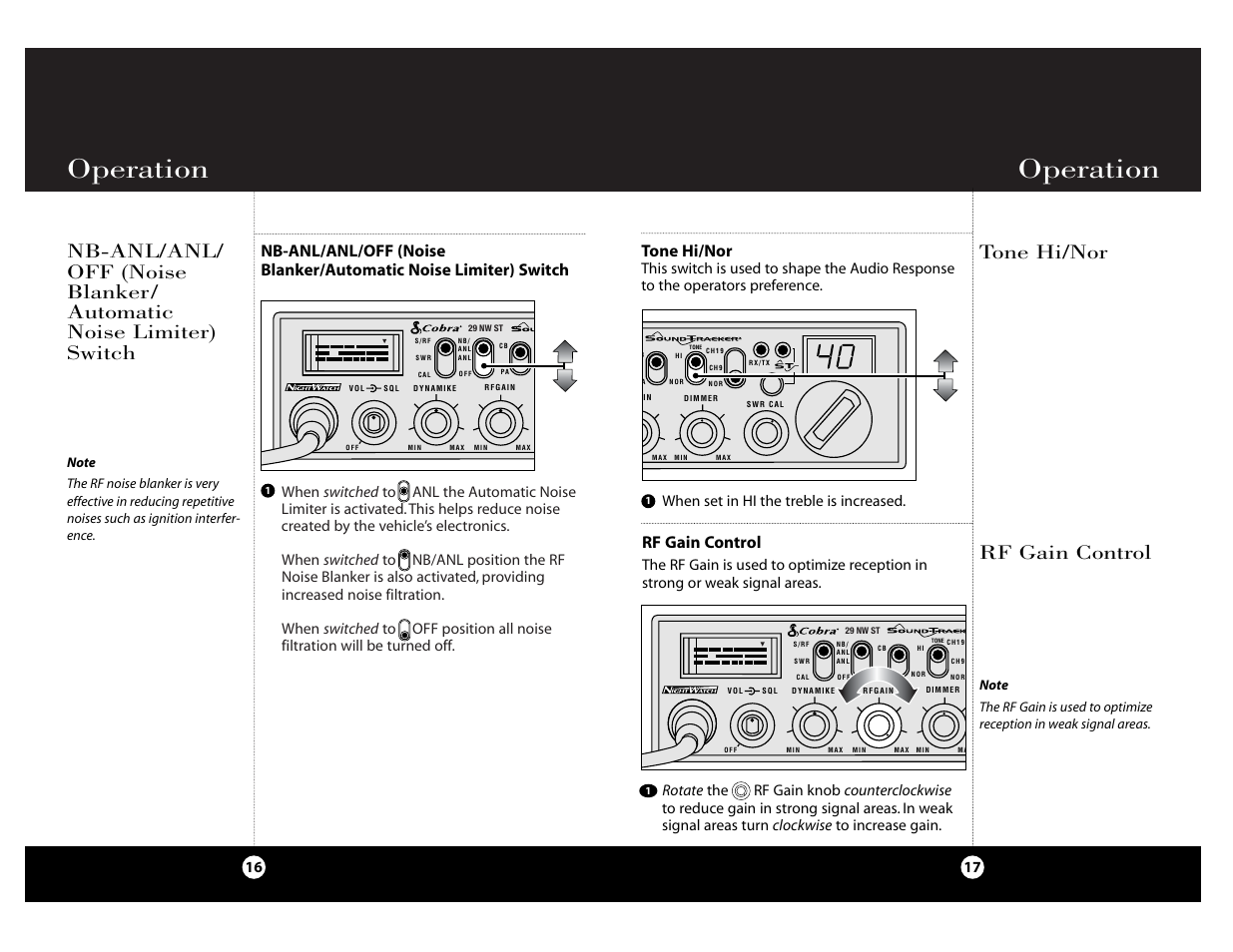 Operation, Rf gain control, Tone hi/nor | When set in hi the treble is increased | Cobra Electronics Cobra 29 NW ST User Manual | Page 9 / 21