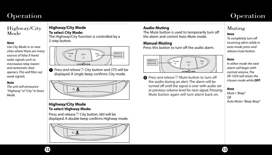Operation, Muting, Highway/city mode | Cobra Electronics XR-1050 User Manual | Page 10 / 17