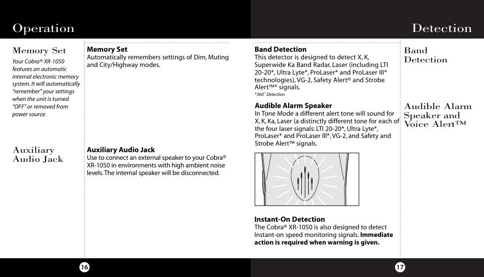 Detection, Operation | Cobra Electronics XR-1050 User Manual | Page 12 / 17