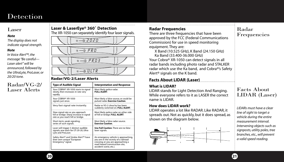 Detection, Radar/vg-2/ laser alerts, Laser | Radar frequencies facts about lidar (laser), P r o, U lt r, P r o 3, Laser & lasereye® 360˚ detection, Radar frequencies, Facts about lidar (laser) | Cobra Electronics XR-1050 User Manual | Page 14 / 17