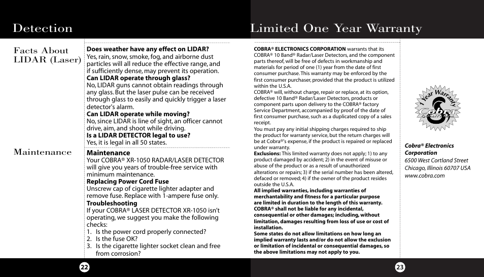 Detection, Limited one year warranty, Maintenance facts about lidar (laser) | Cobra Electronics XR-1050 User Manual | Page 15 / 17