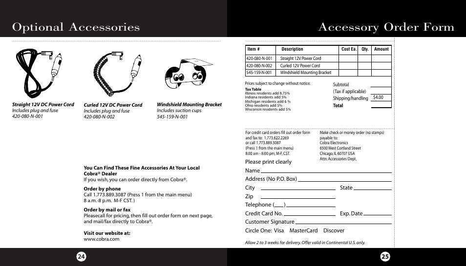 Optional accessories, Accessory order form | Cobra Electronics XR-1050 User Manual | Page 16 / 17
