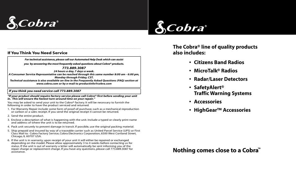 Nothing comes close to a cobra | Cobra Electronics XR-1050 User Manual | Page 17 / 17