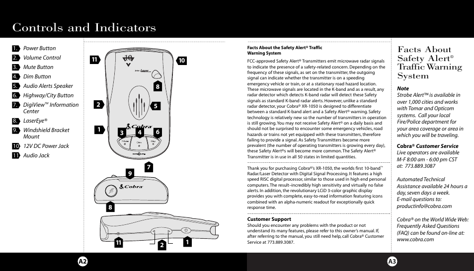 Introduction, Controls and indicators, Facts about safety alert | Traffic warning system | Cobra Electronics XR-1050 User Manual | Page 3 / 17