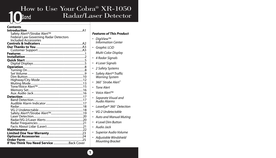 How to use your cobra, Xr-1050 radar/laser detector, Band | Cobra Electronics XR-1050 User Manual | Page 4 / 17