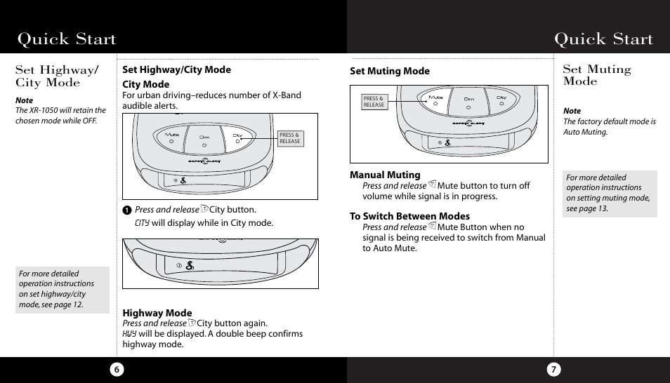 Quick start, Set highway/ city mode, Set muting mode | Cobra Electronics XR-1050 User Manual | Page 7 / 17