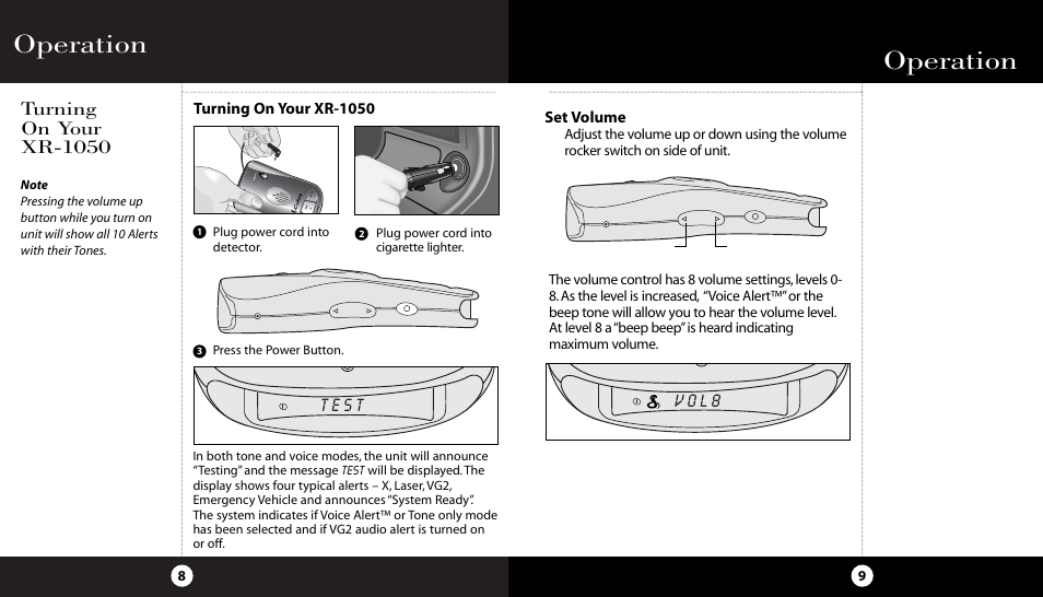 Operation, Turning on your xr-1050, T e s t | V o l 8 | Cobra Electronics XR-1050 User Manual | Page 8 / 17