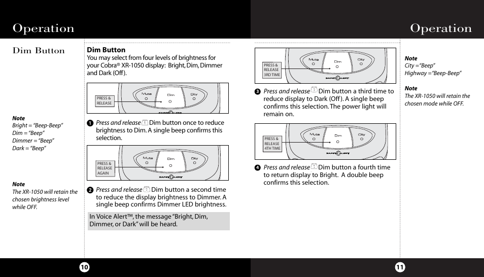 Operation, Dim button | Cobra Electronics XR-1050 User Manual | Page 9 / 17