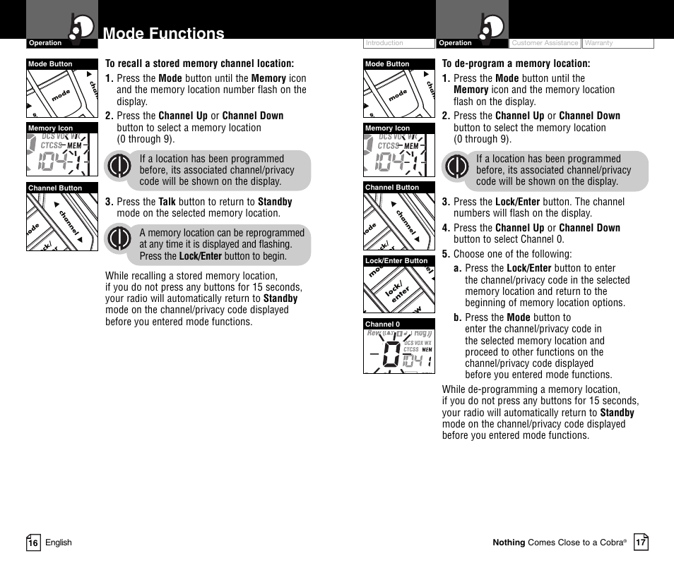 Mode functions, Li 73 00 | Cobra Electronics MICROTALK CXR900C User Manual | Page 11 / 18