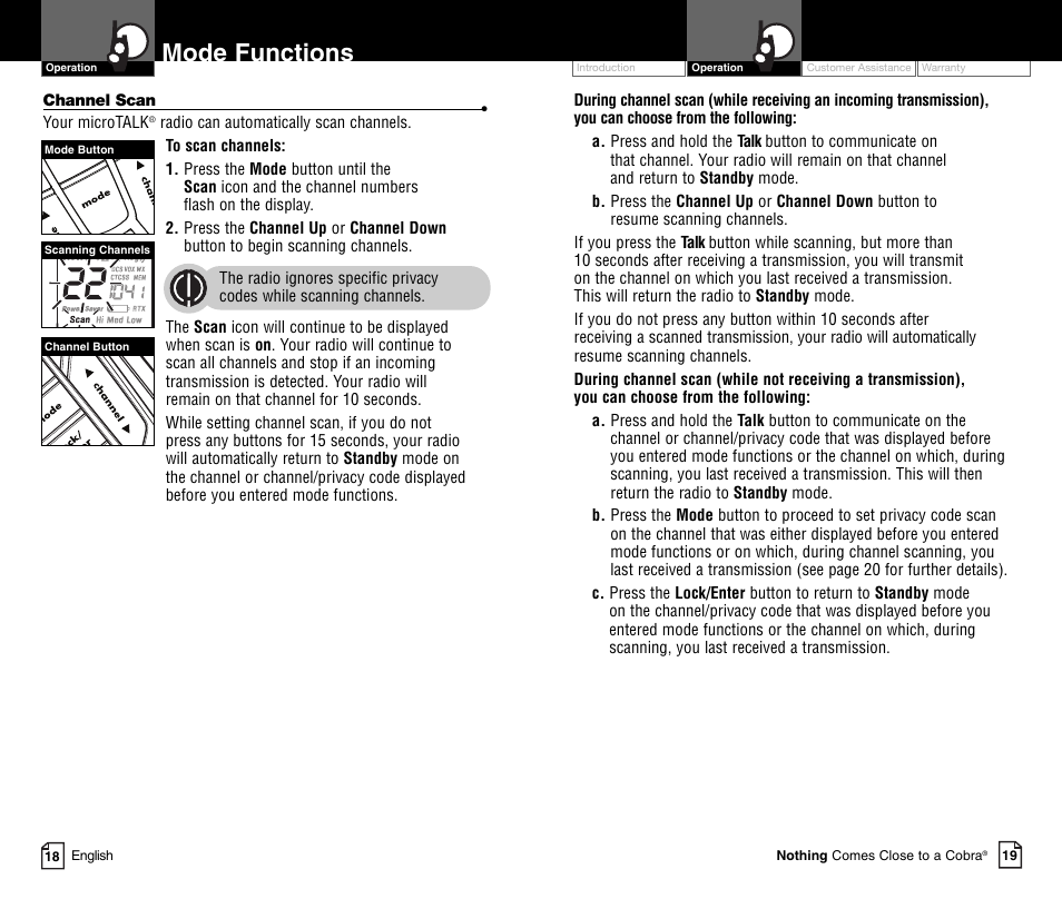 Mode functions, Li 73 00 | Cobra Electronics MICROTALK CXR900C User Manual | Page 12 / 18