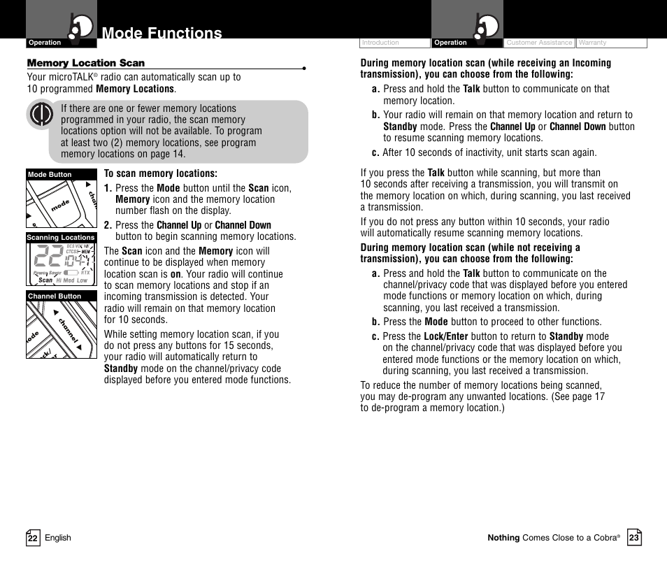 Mode functions, Li 73 00 | Cobra Electronics MICROTALK CXR900C User Manual | Page 14 / 18