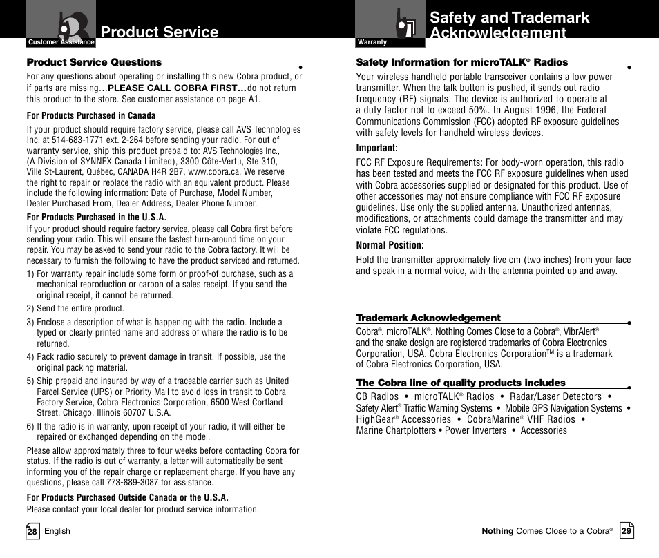 Safety and trademark acknowledgement, Product service | Cobra Electronics MICROTALK CXR900C User Manual | Page 17 / 18