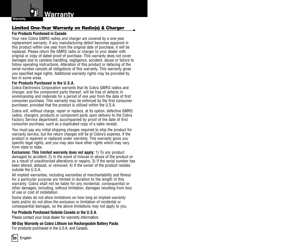 Warranty | Cobra Electronics MICROTALK CXR900C User Manual | Page 18 / 18
