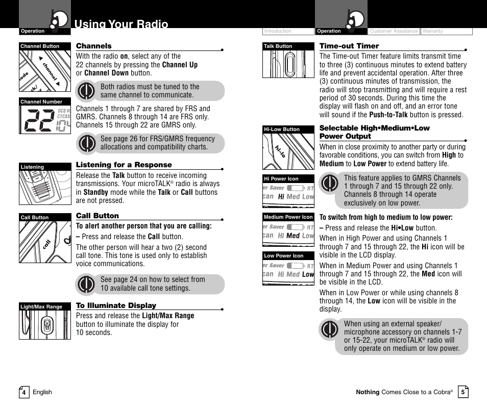 Using your radio, Li 73 00 | Cobra Electronics MICROTALK CXR900C User Manual | Page 5 / 18
