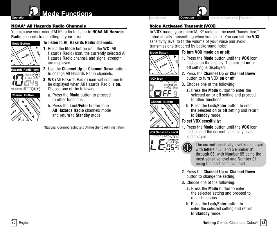 Mode functions, Li 73 00 | Cobra Electronics MICROTALK CXR900C User Manual | Page 9 / 18