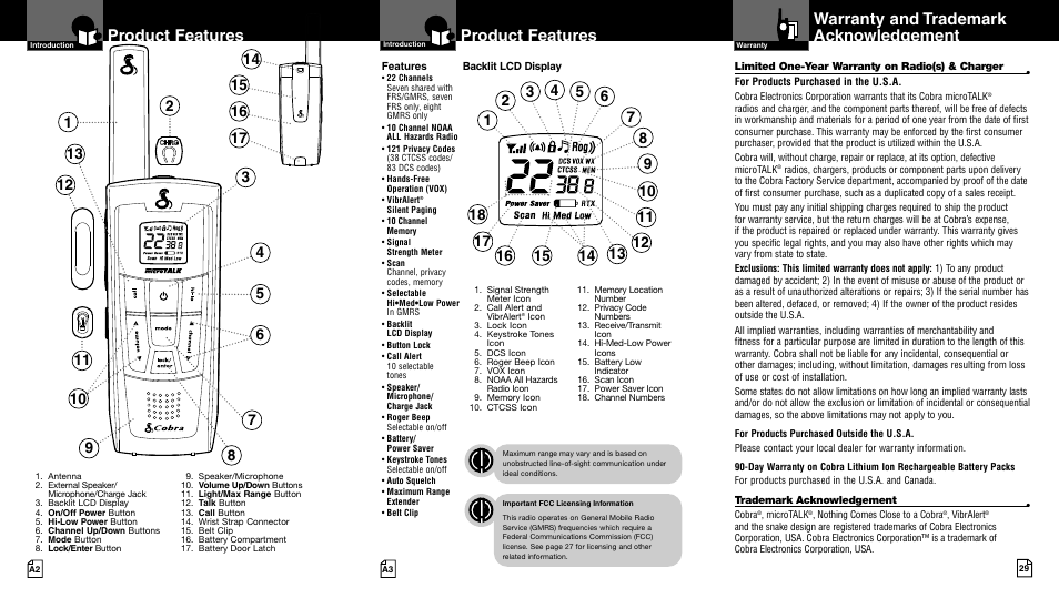 Product features, Warranty and trademark acknowledgement | Cobra Electronics LI 7000WX User Manual | Page 2 / 17