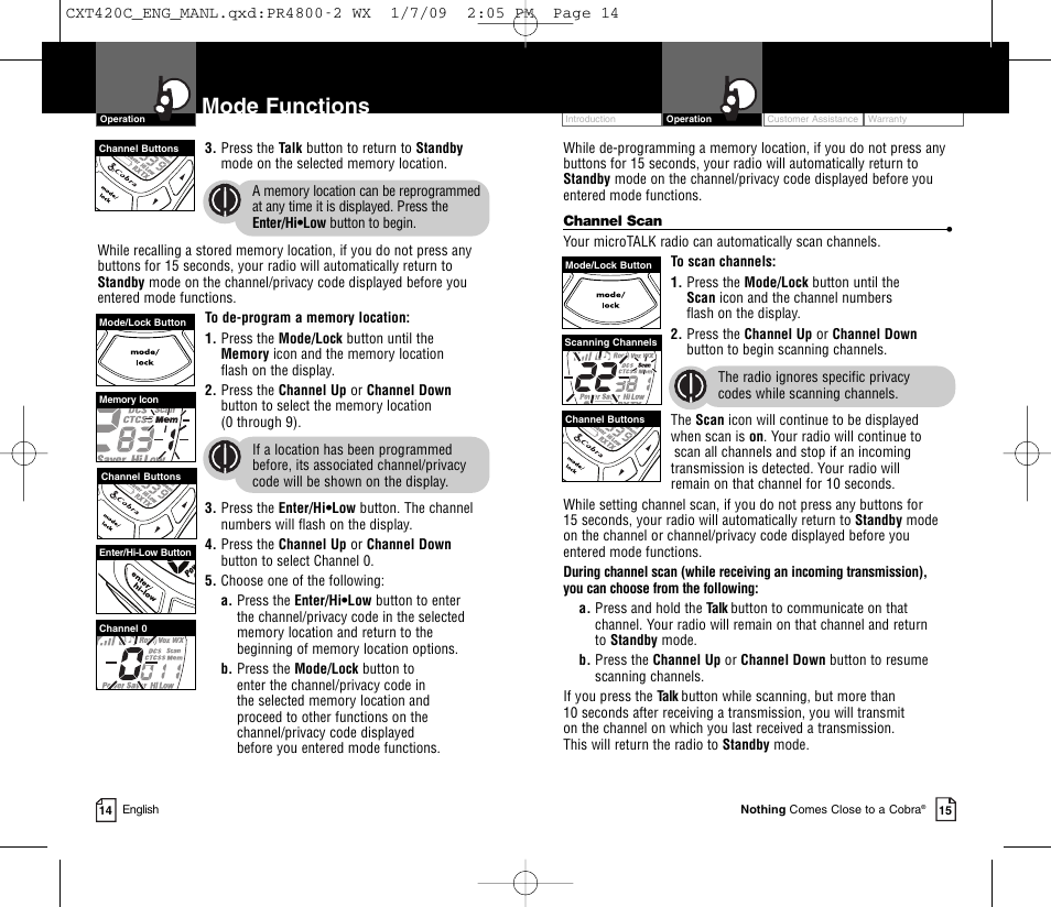 Mode functions | Cobra Electronics COBRA CXT420C User Manual | Page 10 / 15