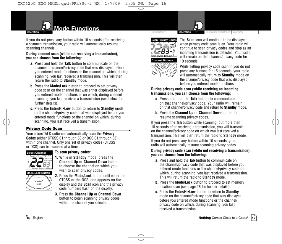 Mode functions | Cobra Electronics COBRA CXT420C User Manual | Page 11 / 15