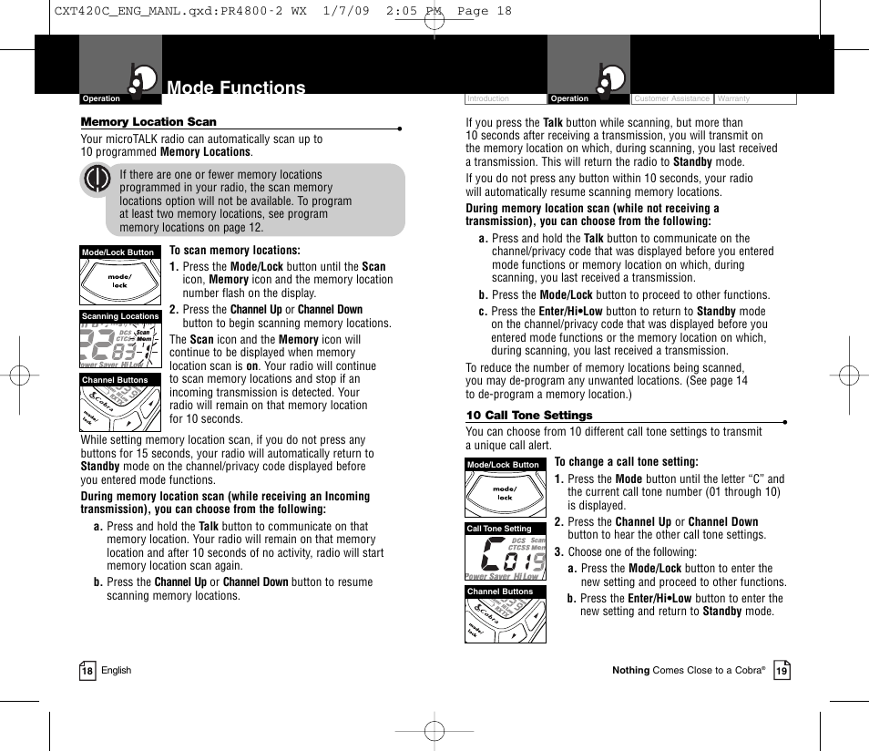 Mode functions | Cobra Electronics COBRA CXT420C User Manual | Page 12 / 15