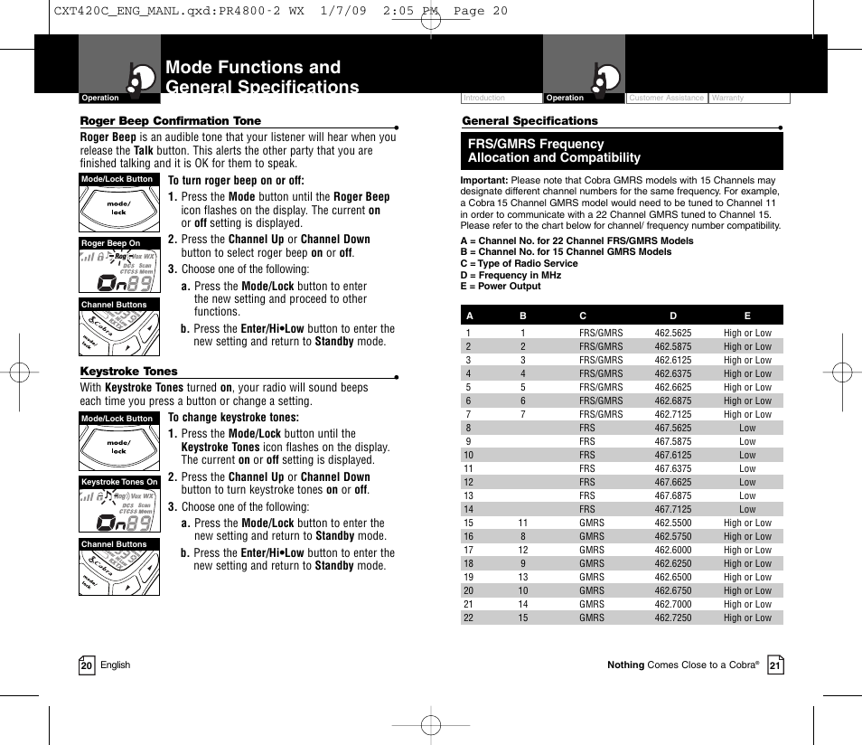 Mode functions and general specifications, Frs/gmrs frequency allocation and compatibility | Cobra Electronics COBRA CXT420C User Manual | Page 13 / 15