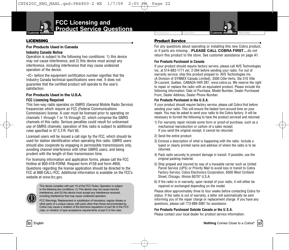 Fcc licensing and product service questions | Cobra Electronics COBRA CXT420C User Manual | Page 14 / 15