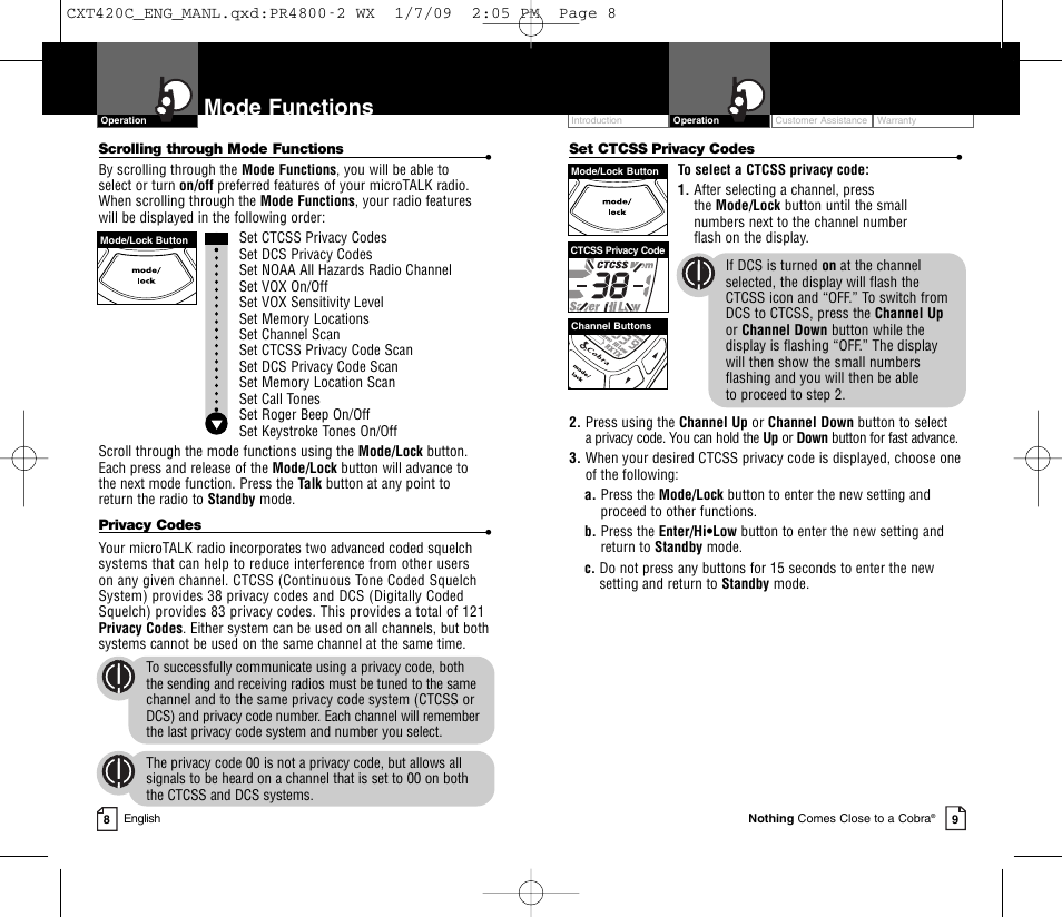 Mode functions | Cobra Electronics COBRA CXT420C User Manual | Page 7 / 15
