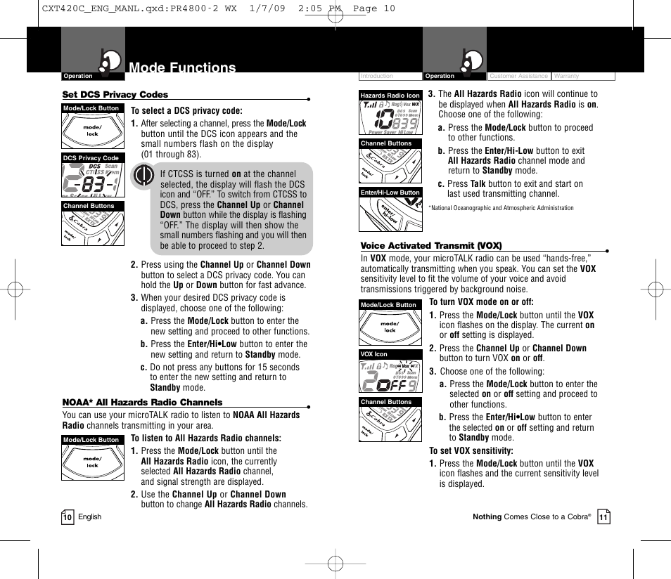 Mode functions | Cobra Electronics COBRA CXT420C User Manual | Page 8 / 15