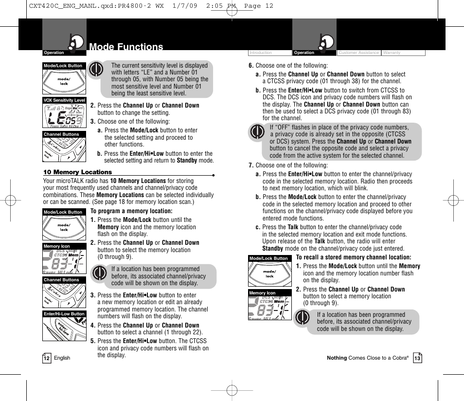 Mode functions | Cobra Electronics COBRA CXT420C User Manual | Page 9 / 15