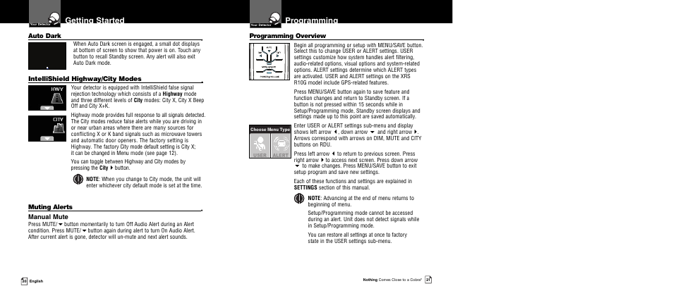 Getting started, Programming | Cobra Electronics XRS R8/R106 User Manual | Page 13 / 25
