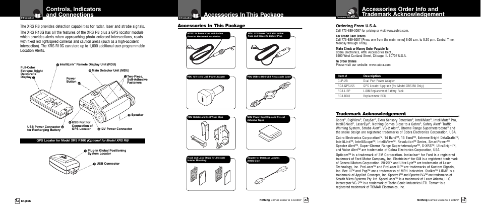 Accessories in this package, Controls, indicators and connections, Trademark acknowledgement | Ordering from u.s.a | Cobra Electronics XRS R8/R106 User Manual | Page 2 / 25