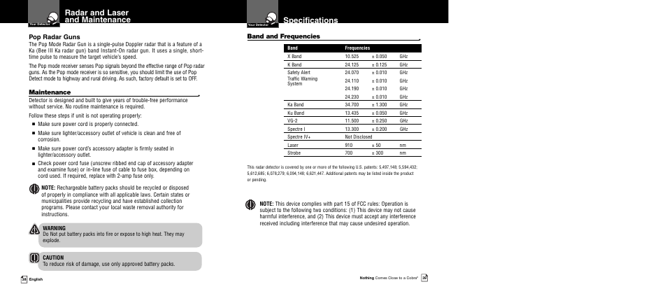 Radar and laser and maintenance, Specifications, Band and frequencies | Maintenance, Pop radar guns | Cobra Electronics XRS R8/R106 User Manual | Page 22 / 25
